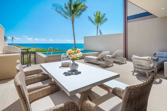 a view of a dining room with furniture and a potted plant