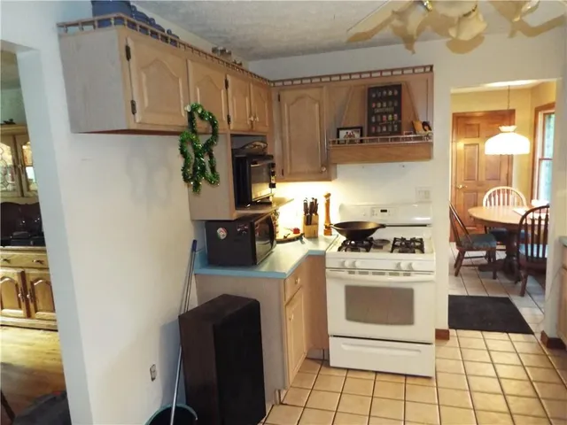 a kitchen with a stove a refrigerator and a dining table