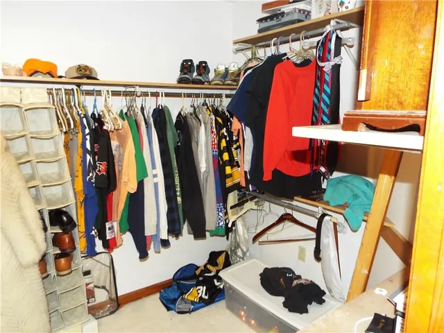 a view of walk in closet with clothes and shoes