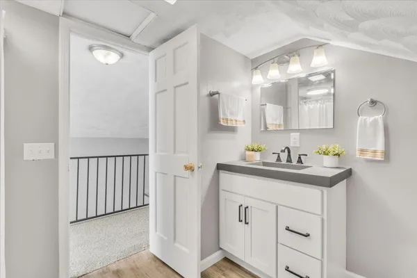 a bathroom with a sink and a mirror