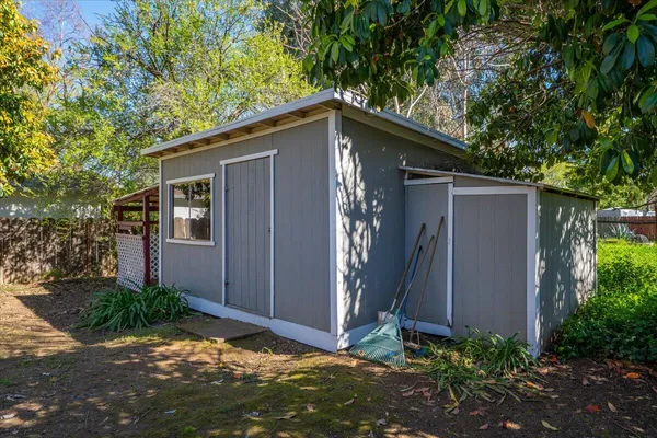 a backyard of a house with plants and large tree