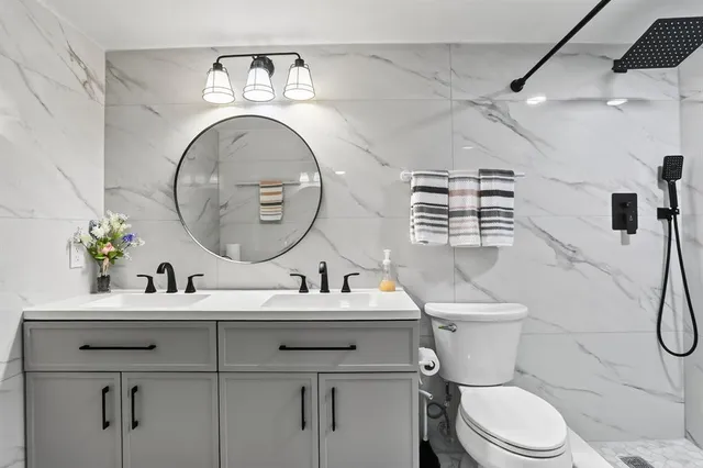 a bathroom with a toilet a sink and a mirror