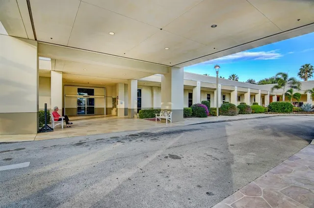 a view of a building with a street