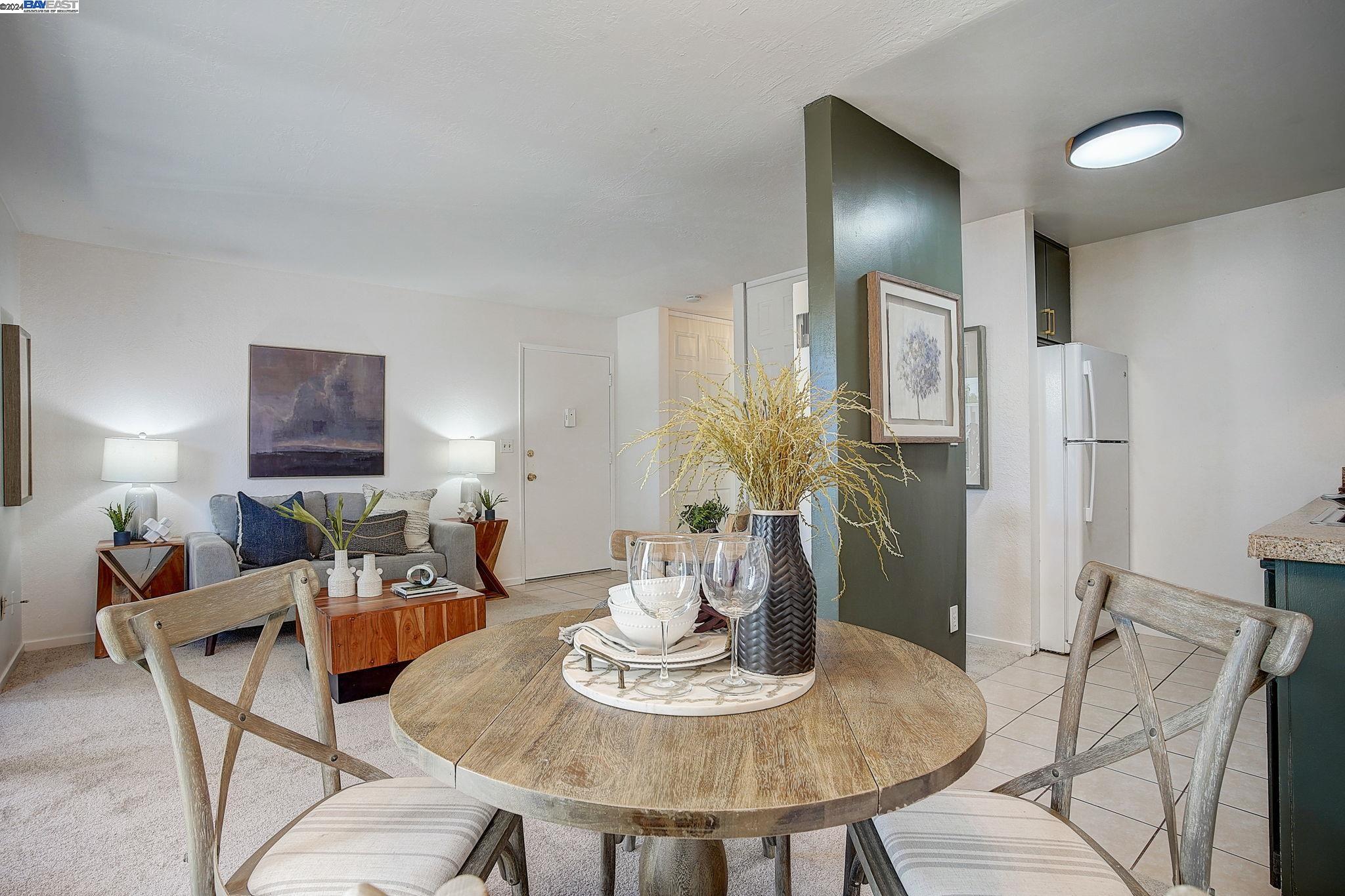 a view of a dining room with furniture