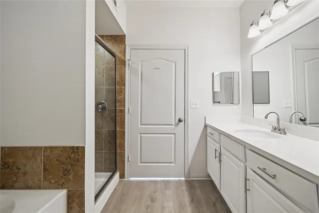 a bathroom with a sink a mirror and a shower