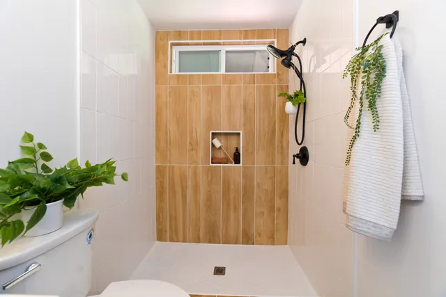 a bathroom with a shower and a toilet