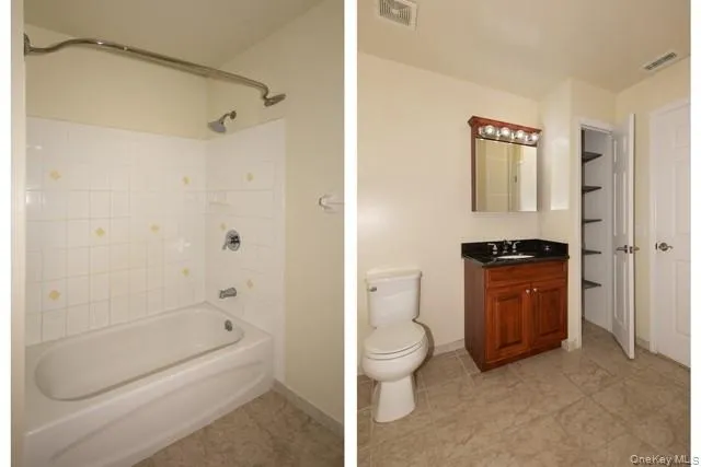 a bathroom with a granite countertop toilet a sink and shower