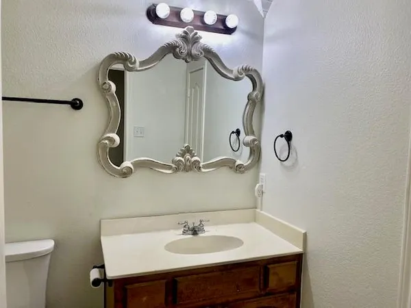 a bathroom with a sink a mirror and a toilet