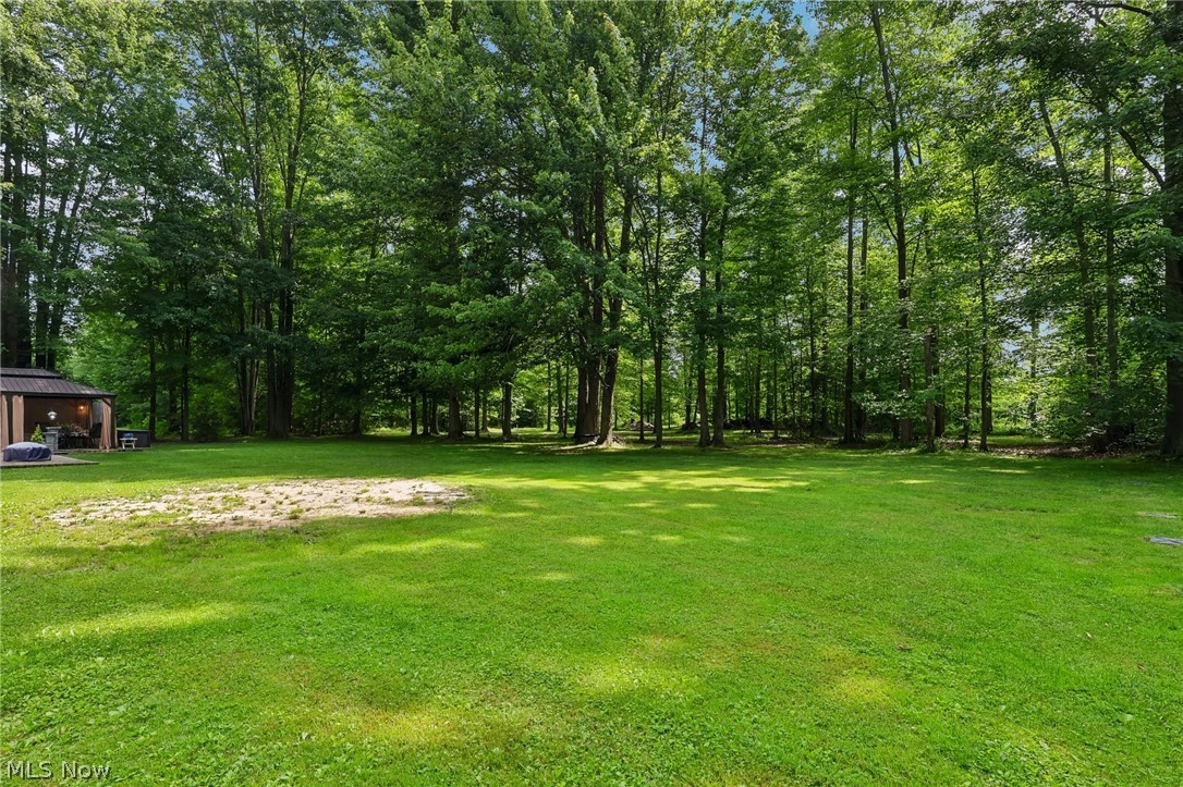 3213 Bates Road Madison, OH 44057 - Photo 39 of 45 Expansive green lawn surrounded by mature trees, featuring a detached gazebo with a dark roof and a paved patio area