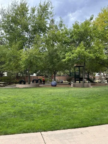 a garden view with a sitting space