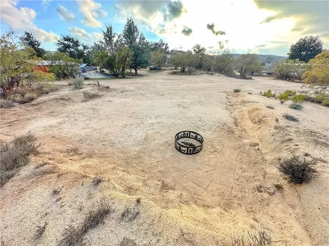 a view of a dry yard with wooden fence