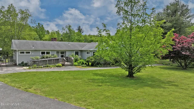 a view of a house with a big yard potted plants and large tree