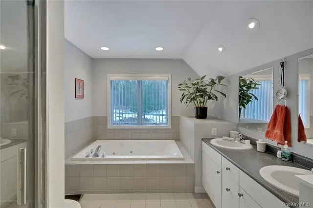 a bathroom with a bathtub shower sink and mirror