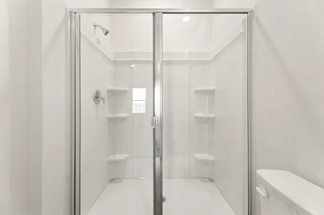 a bathroom with a shower and a toilet