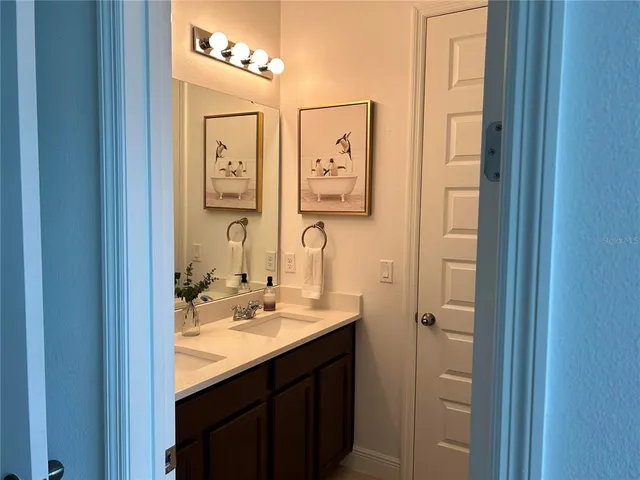 a bathroom with a sink vanity and a mirror