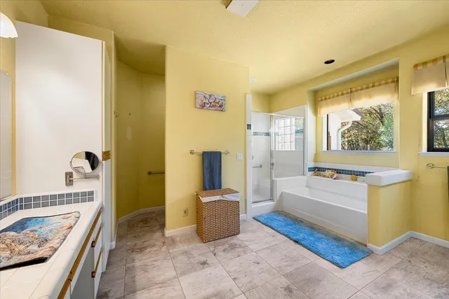 a view of a white house with a large tree in front of it