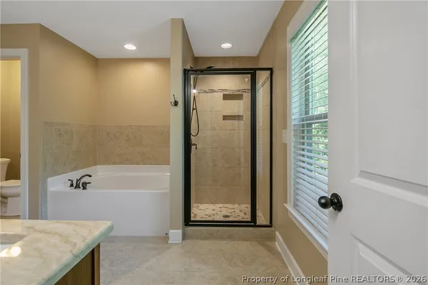 a bathroom with a bathtub and a shower