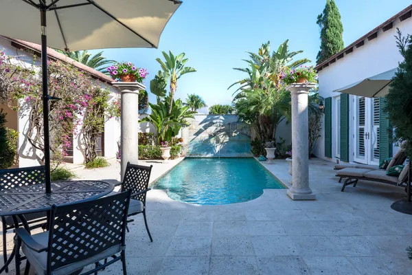 a view of outdoor dining space with a patio
