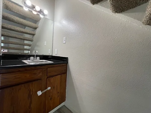 a bathroom with a sink and a mirror