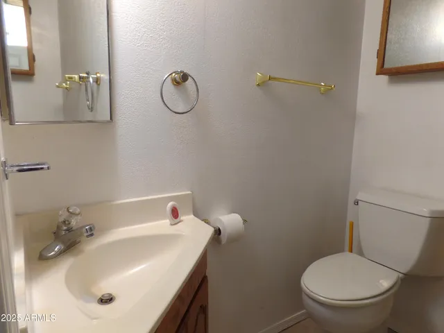 a bathroom with a sink a toilet and mirror