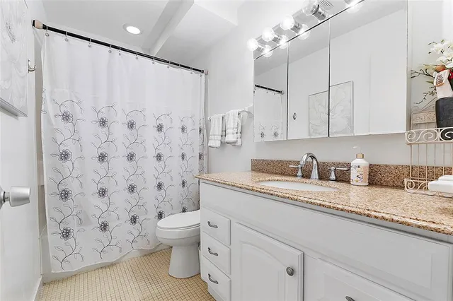a bathroom with a granite countertop sink a toilet and a shower
