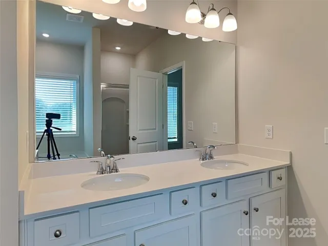 a bathroom with a sink vanity and a mirror