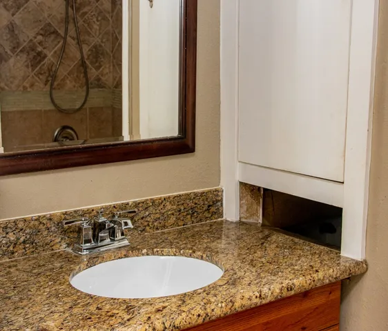 a bathroom with a sink and a mirror