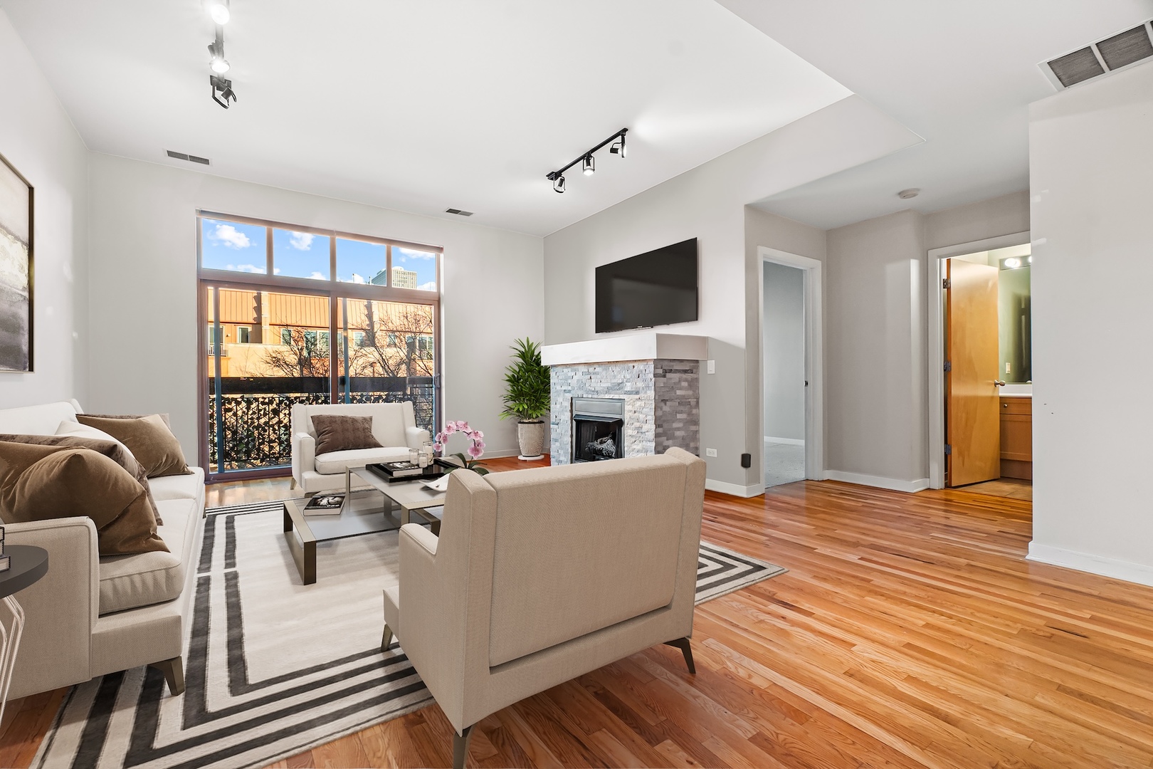 1910 South State Street, Unit 305 Chicago, IL 60616 - Photo 3 of 20 a living room with fireplace furniture and a flat screen tv