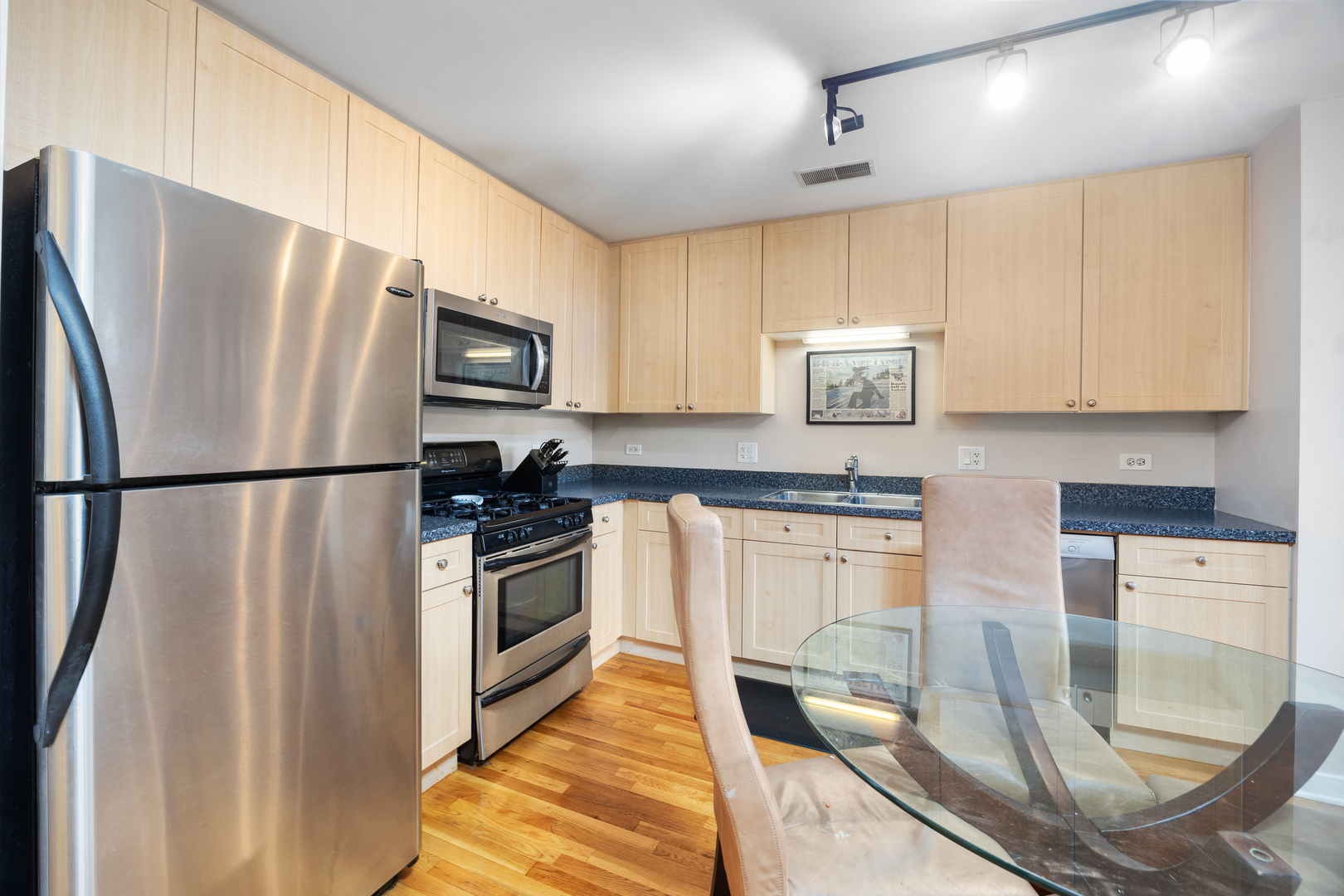 1910 South State Street, Unit 305 Chicago, IL 60616 - Photo 9 of 17 a kitchen with stainless steel appliances granite countertop a refrigerator a stove and a sink