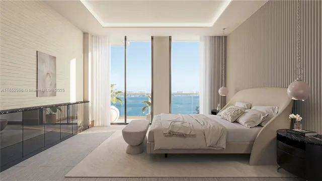 a bedroom with a bed and a large window