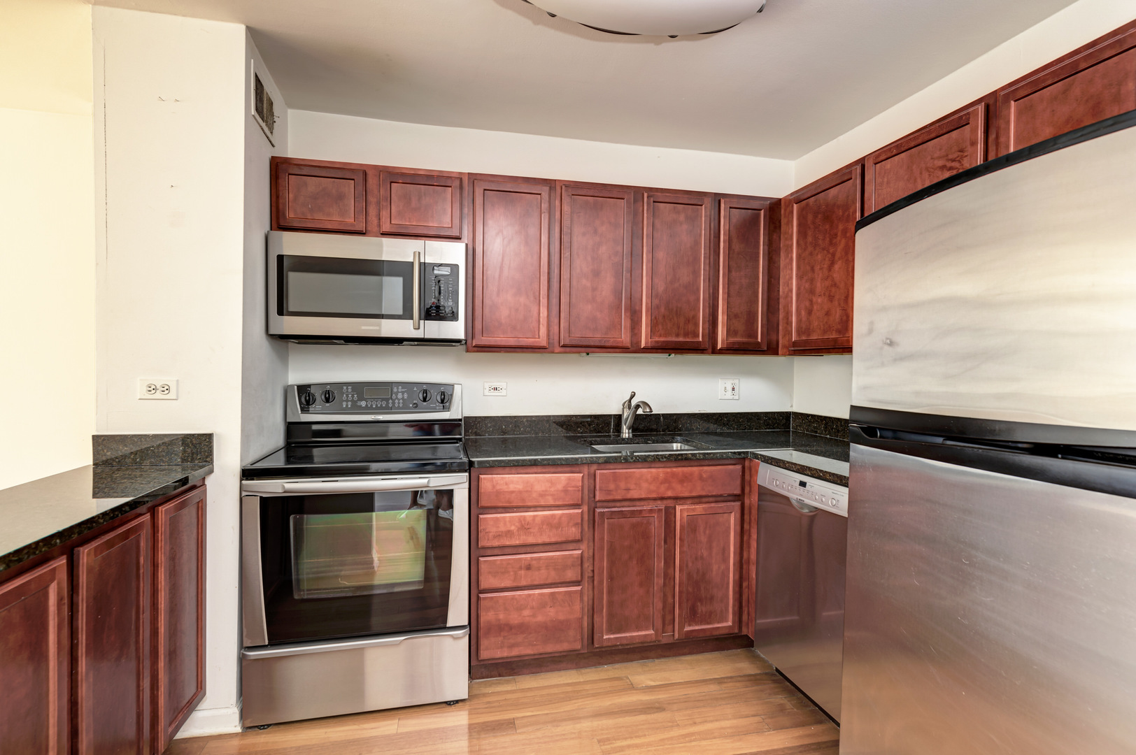 222 East Pearson Street, Unit 203 Chicago, IL 60611 - Photo 2 of 29 a kitchen with granite countertop wooden cabinets and stainless steel appliances