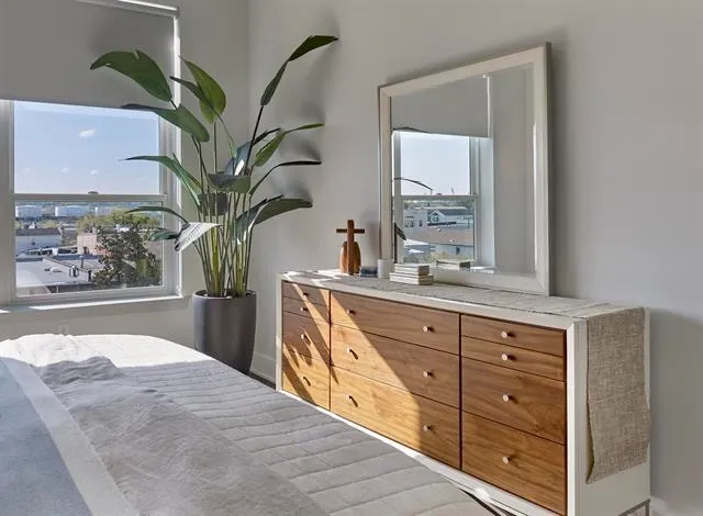 a spacious bathroom with a large mirror and a potted plant