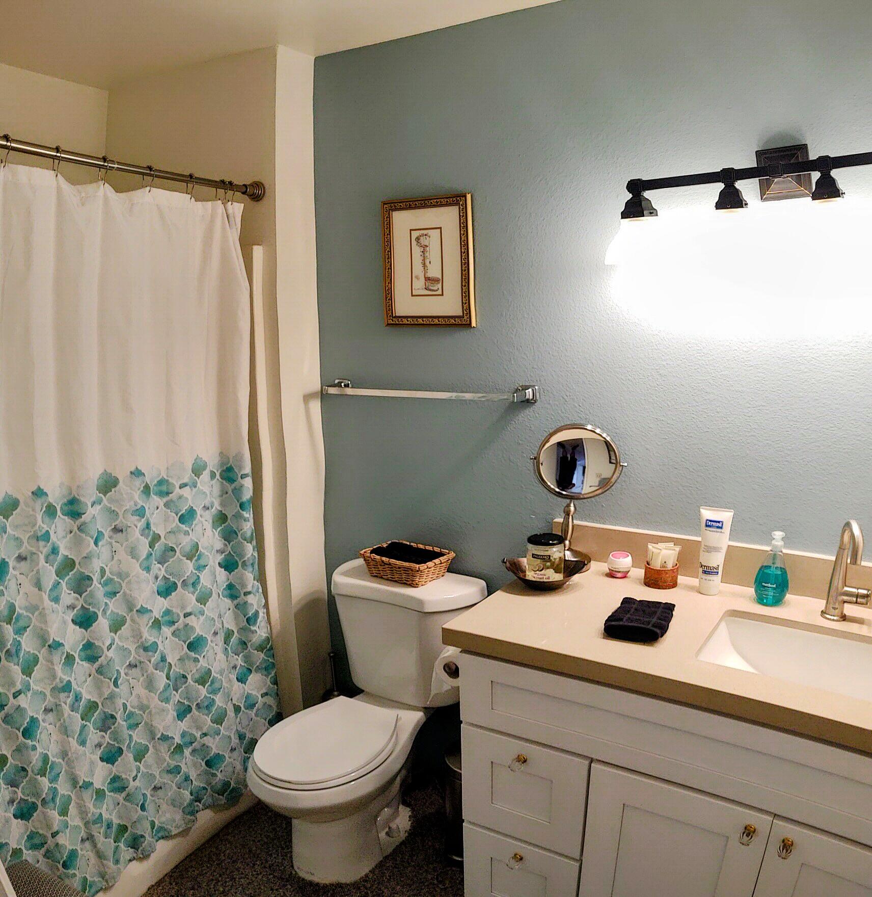 1100 East Amado Road, Unit 13B2 Palm Springs, CA 92262 - Photo 8 of 20 a bathroom with a sink a toilet and a mirror