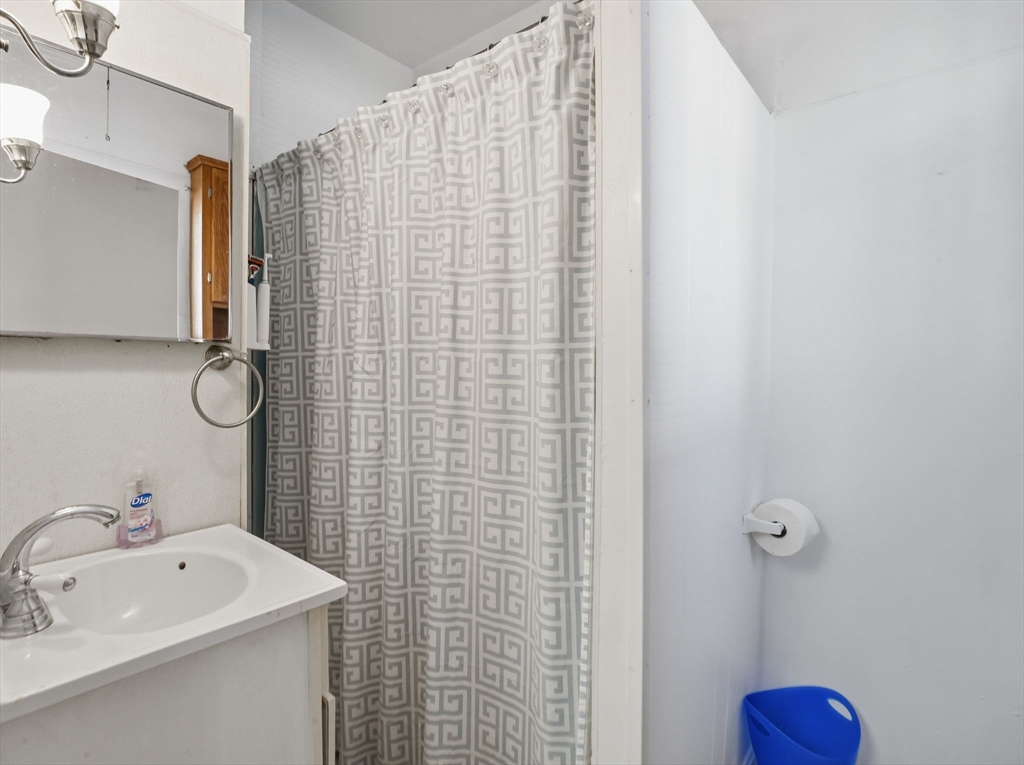 223 Stackpole Street Lowell, MA 01852 - Photo 8 of 42 a bathroom with a sink a toilet and shower curtain
