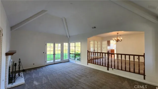 a view of a chandelier and window