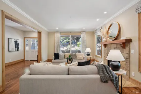 a living room with furniture a fireplace and a floor to ceiling window