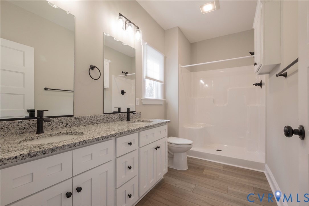 2223 Ridge Road Arvonia, VA 23004 - Photo 29 of 45 a bathroom with a granite countertop sink a toilet and a mirror