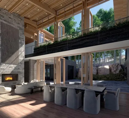 a living room with patio furniture and a floor to ceiling window