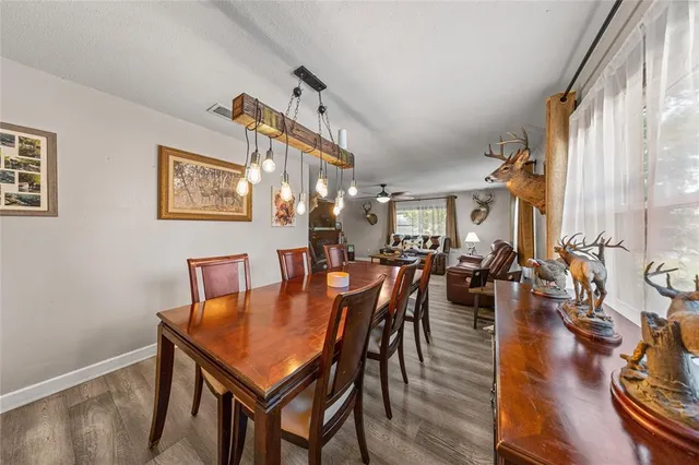 a dining room with furniture window and wooden floor