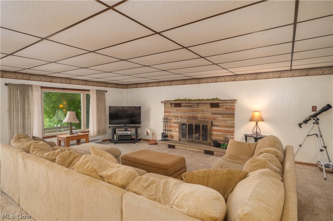 86630 Beaver Dam Road Scio, OH 43988 - Photo 11 of 26 Living room with carpet floors, a fireplace, and a paneled ceiling