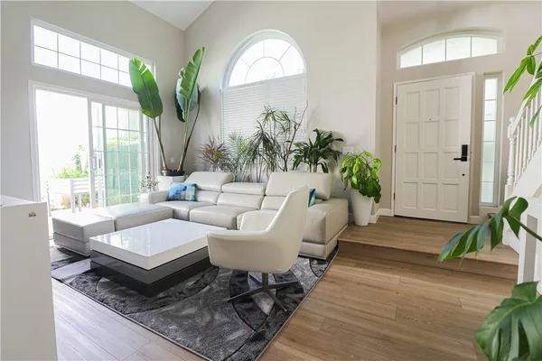 a living room with furniture a potted plant and a large window