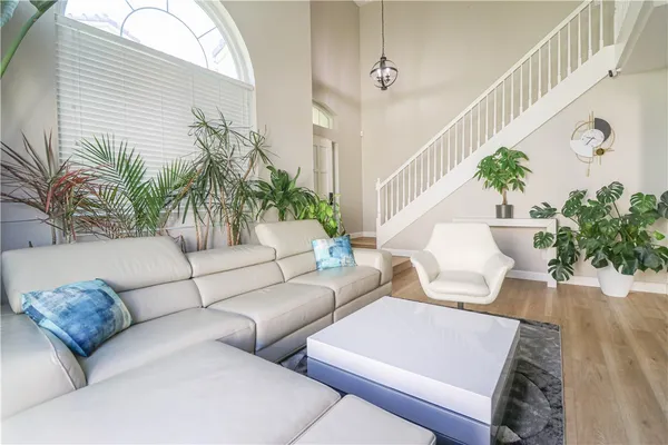 a living room with furniture and a potted plant