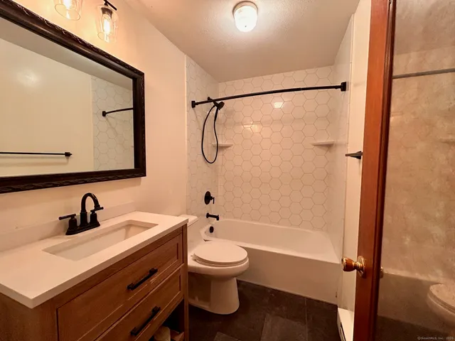 a bathroom with a sink a toilet and a mirror