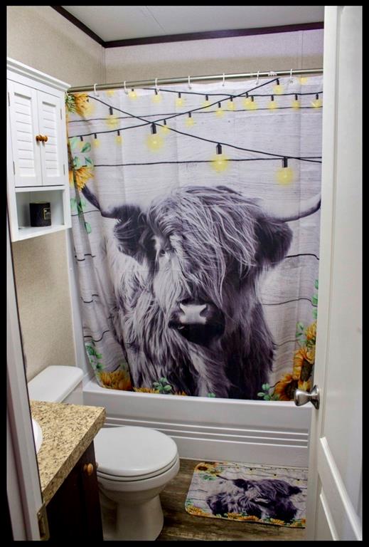 18200 Highway 6 Dublin, TX 76446 - Photo 17 of 38 a bathroom with a toilet and a shower curtain