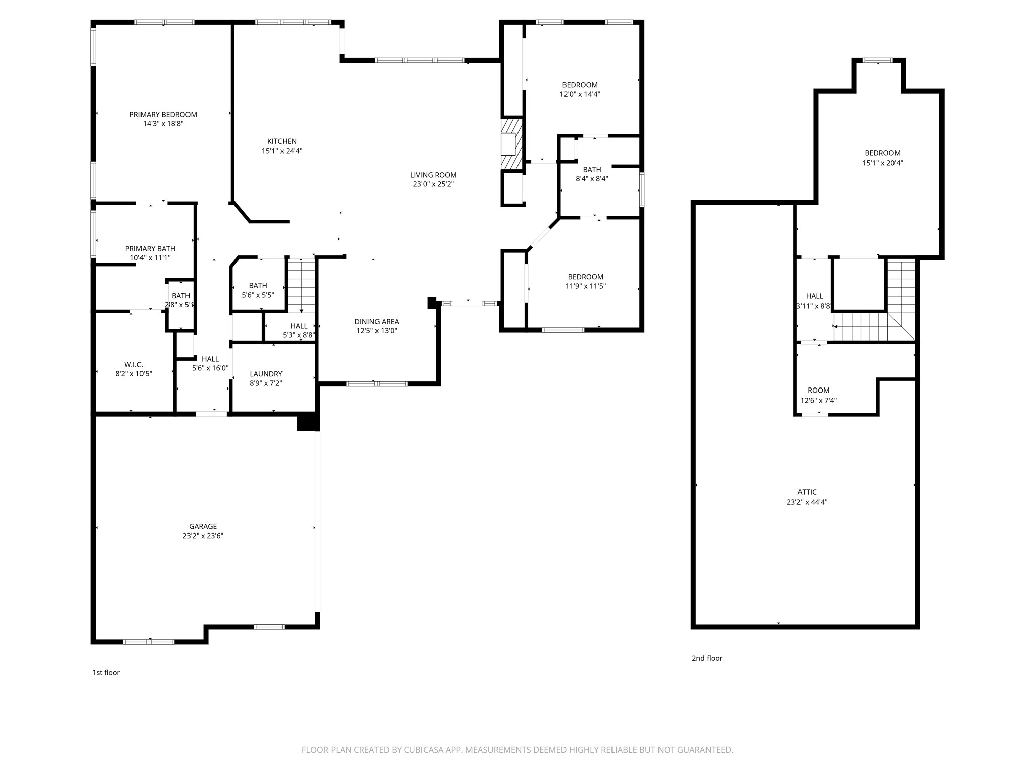 18005 Cindy Lane Conroe, TX 77302 - Photo 49 of 49 This floor plan features a spacious primary bedroom with an ensuite bath and walk-in closet on the main floor, along with a large kitchen, living room, dining area, laundry room, and additional baths. There are two more bedrooms on the main floor, and the second floor includes a large bedroom, a hall, a room, and an expansive attic. The layout also includes a two-car garage.