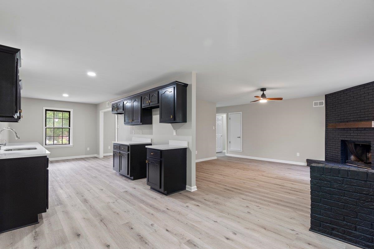 6410 Coteswood Road Memphis, TN 38134 - Photo 4 of 25 Kitchen featuring a sink, light wood-type flooring, dark cabinets, a ceiling fan, and recessed lighting