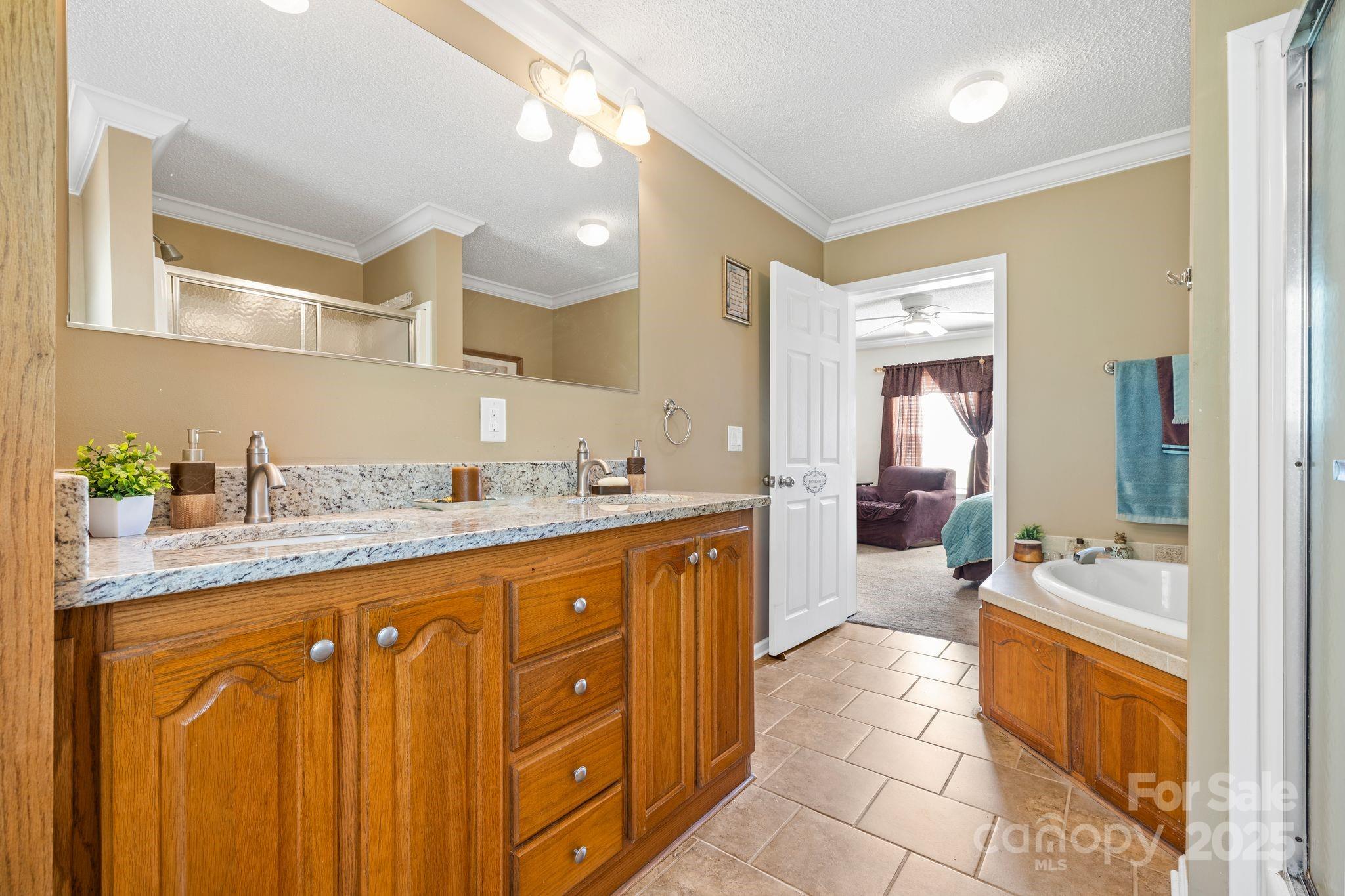 118 Grain Drive Stony Point, NC 28678 - Photo 13 of 31 a spacious bathroom with a granite countertop tub sink shower and mirror