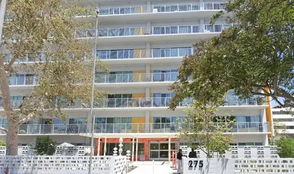 a front view of a multi story building