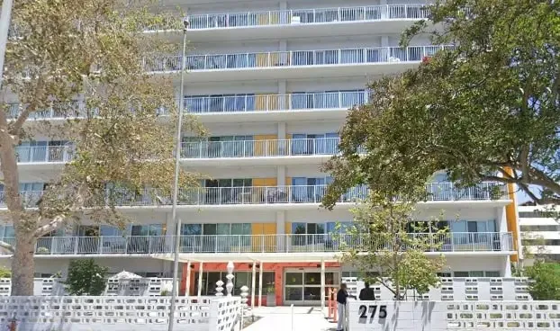 a front view of a multi story building