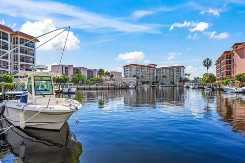 a lake view with boat and palm trees